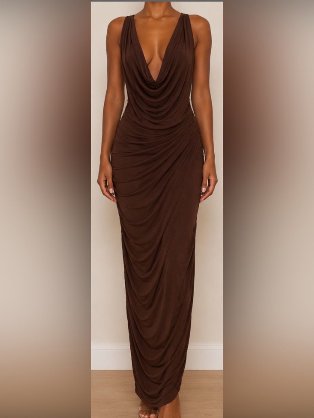 Elegant Brown Draped Maxi Dress
